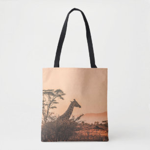 BLACK AND WHITE GIRAFFE ON BROWN GRASS FIELD TOTE BAG