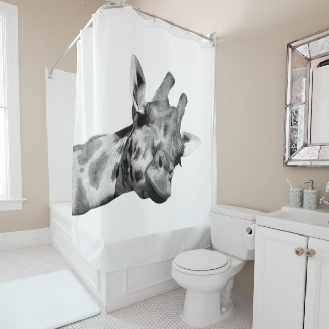 Black and White Giraffe Portrait Shower Curtain (In Situ)