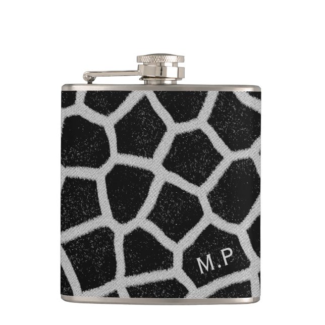 Black and White Giraffe Print Monogram Hip Flask (Front)