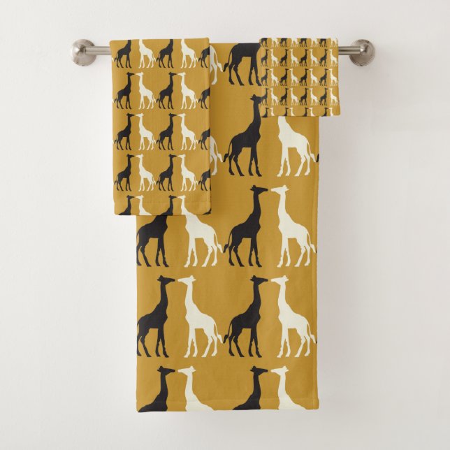 Black and White Giraffe Silhouettes on Gold Bath Towel Set (Insitu)