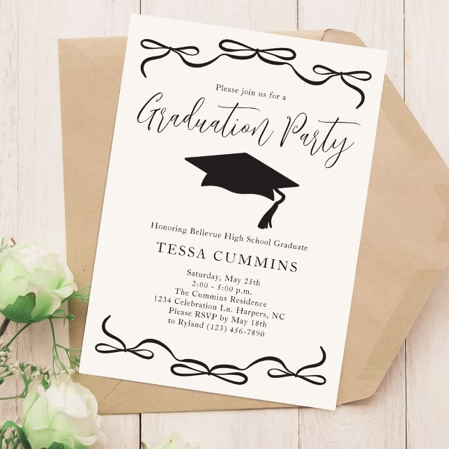 Black and White Girl Coquette Bow Graduation Party Invitation (Creator Uploaded)