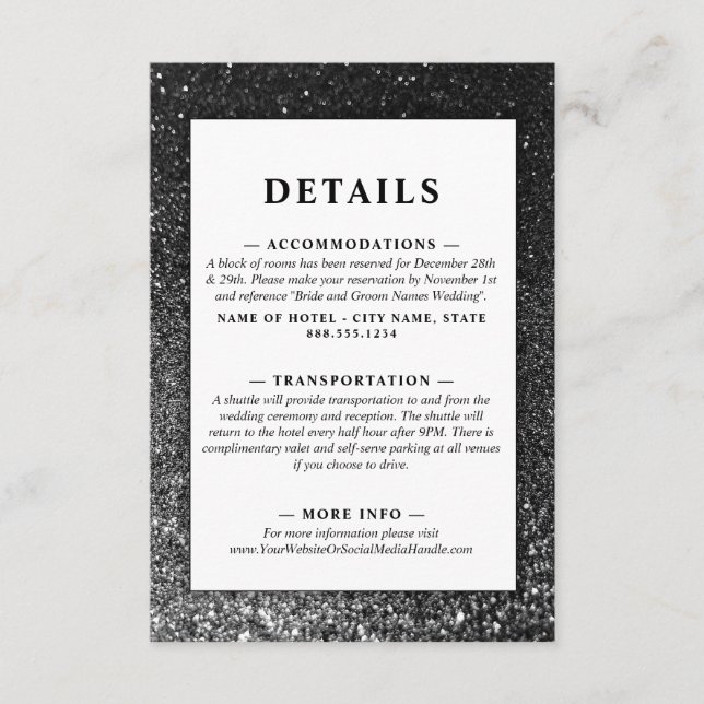 Black and White Glam Chic Modern Wedding Glitter   Enclosure Card (Front)