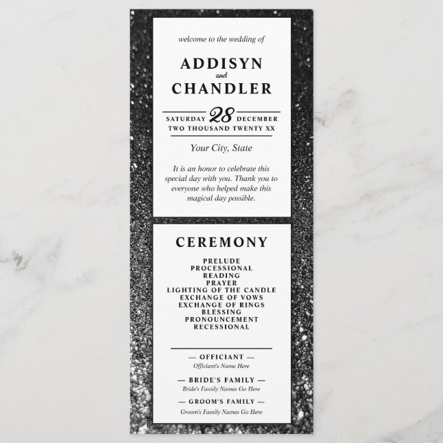 Black and White Glam Chic Modern Wedding Glitter   Program (Front)