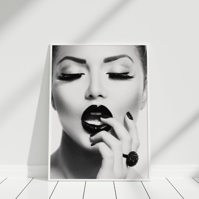 Black and White Glamorous Woman Fashion Wall Art  (Black and White Fashion Model Poster Print in white frame against white wall.)