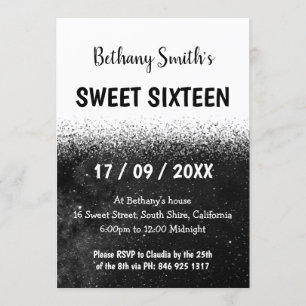 Black and White Glitter Ombre Sweet 16 Invitation
