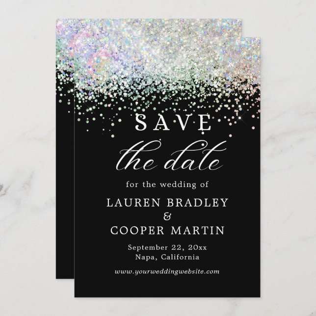 Black And White Glitter Wedding Save The Date (Front/Back)