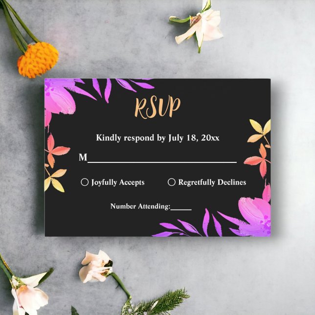 Black And White Glow Neon Colours Floral Wedding RSVP Card (Creator Uploaded)