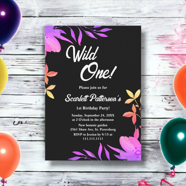 Black And White Glow Neon Floral 1st Birthday Invitation (Creator Uploaded)