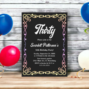 Black And White Glow Neon Floral 30th Birthday Invitation