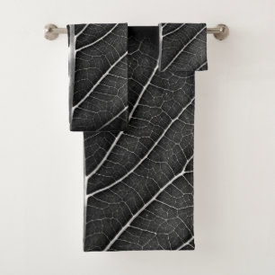 Black and white glowing leaf close-up bath towel set