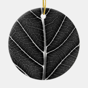 Black and White Glowing Leaf Close-Up Ceramic Ornament