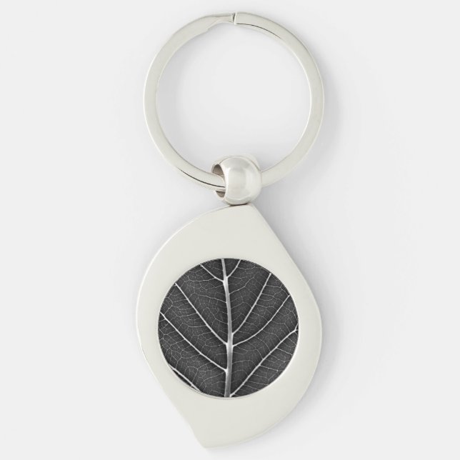 Black and white glowing leaf close-up key ring (Front)