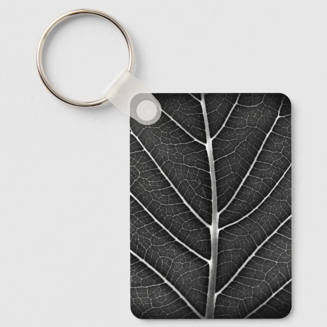 Black and white glowing leaf close-up key ring (Front)