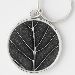 Black and White Glowing Leaf Close-Up Key Ring