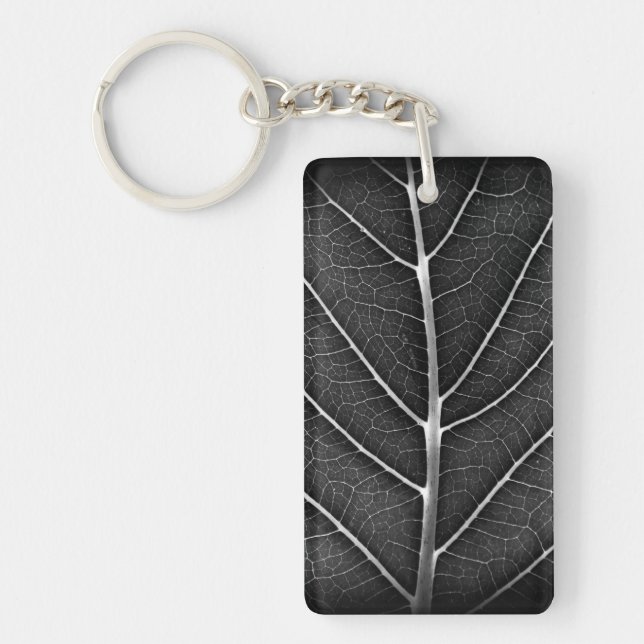 Black and white glowing leaf close-up key ring (Front)