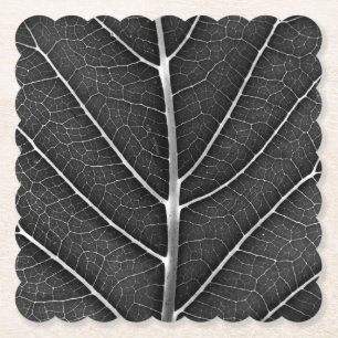 Black and White Glowing Leaf Close-Up Paper Coaster
