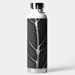 Black and white glowing leaf close-up water bottle