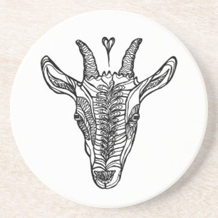 Black and White Goat Line Portrait with Heart Coaster
