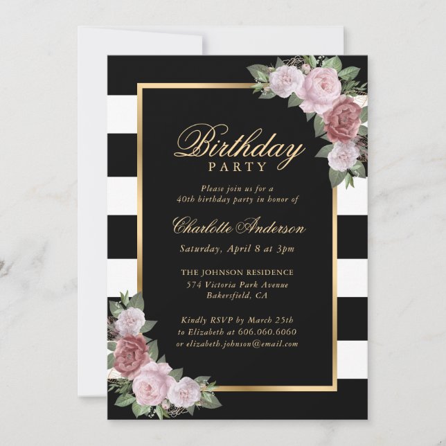 Black and White Gold Blush Floral 40th Birthday Invitation (Front)