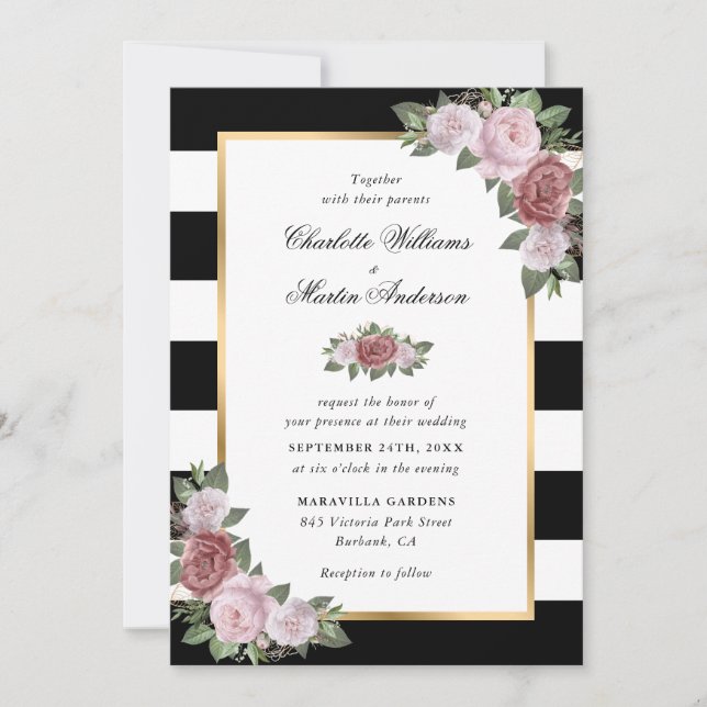 Black and White Gold Blush Pink Floral Wedding Invitation (Front)