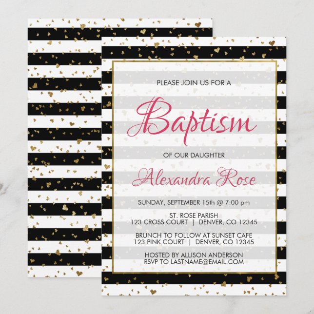 Black and White Gold Foil Hearts Girl's Baptism Invitation (Front/Back)