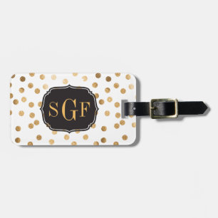 Black and White Gold Glitter City Dots Monogram Luggage Tag