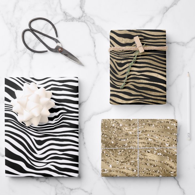 Black and White Gold Glitter Zebra Print Wrapping Paper Sheet (Front)