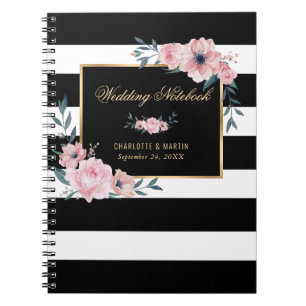 Black and White Gold Pink Floral Wedding Notebook