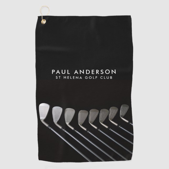 Black And White Golf Club Perosnalized Name Golfer Towel (Front)