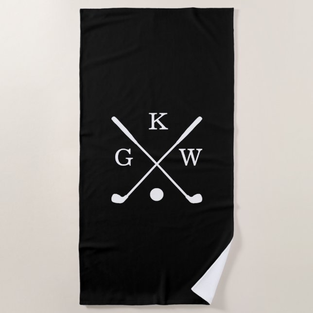 Black and White Golf Clubs Monogram Golf Beach Towel (Front)