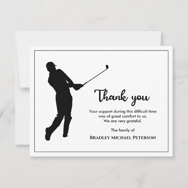 Black And White Golf Minimalist Memorial Funeral Thank You Card (Front)