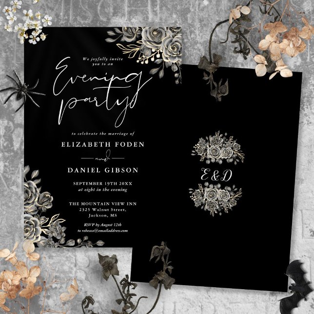 Black And White Goth Floral Wedding Evening Party Invitation (Black And White Goth Floral Wedding Evening Party Invitation)