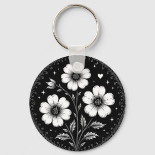 Black and White Goth Flowers Key Ring