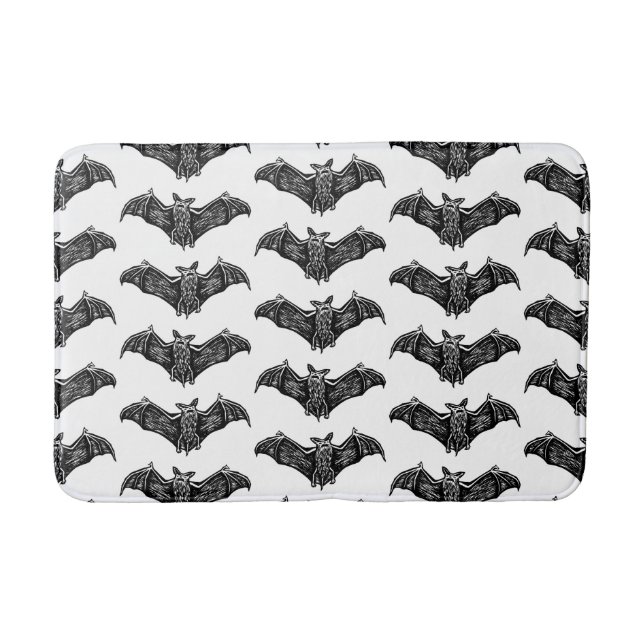 Black and White Gothic Bat Pattern Bath Mat (Front)
