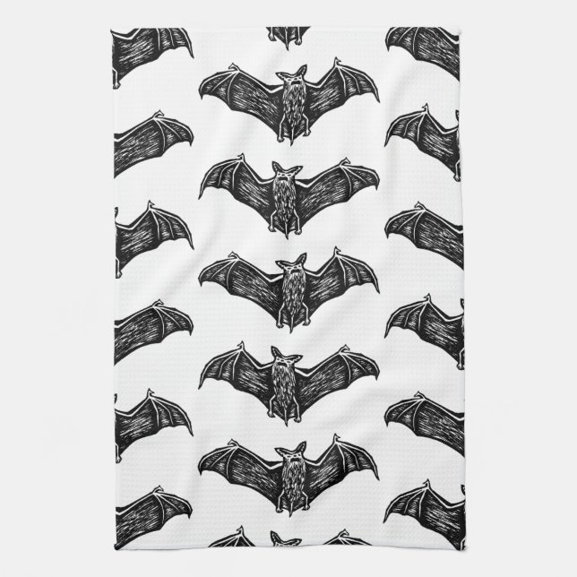 Black and White Gothic Bat Pattern Tea Towel (Vertical)