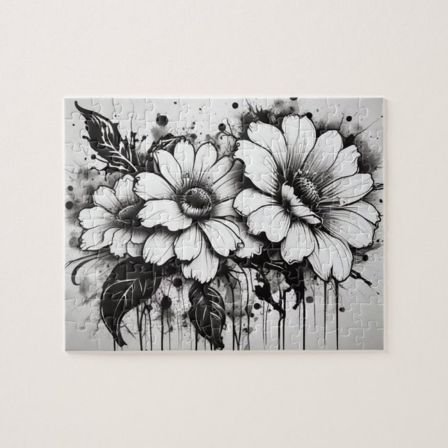 Black and White Gothic Daisies Bleeding Ink Jigsaw Puzzle (Horizontal)