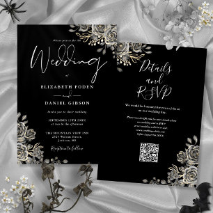 Black And White Gothic Floral QR Code Wedding Invitation