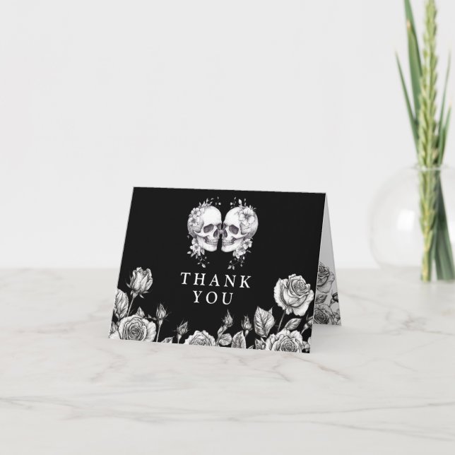 Black And White Gothic Floral Skulls Wedding Thank You Card (Front)