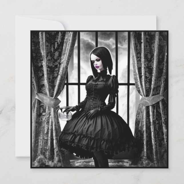 Black and White Gothic Girl Halloween Invitation (Front)
