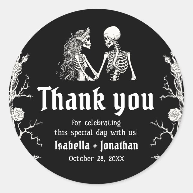 Black and White Gothic Halloween Skeleton Wedding Classic Round Sticker (Front)