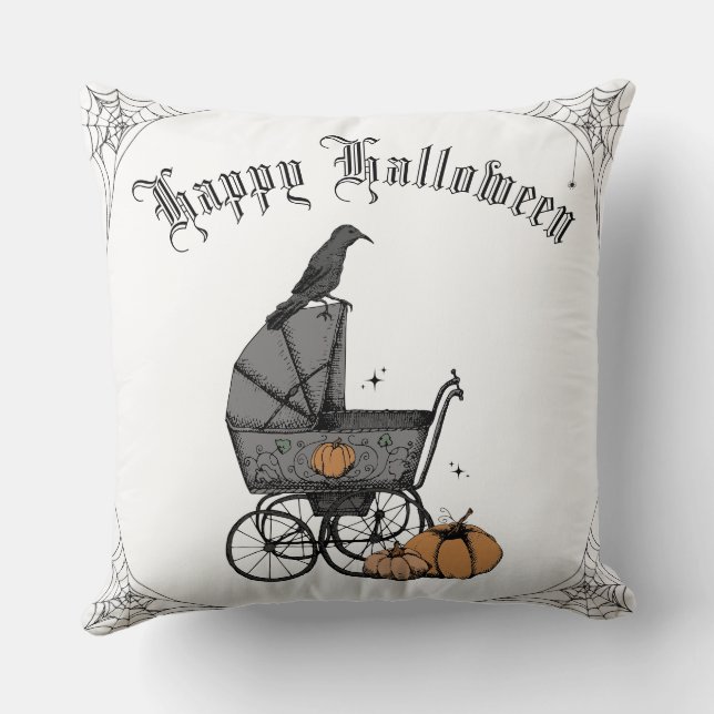 Black and White Gothic Happy Halloween Cushion (Back)