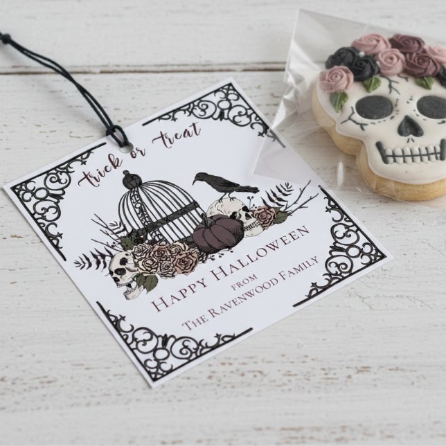 Black and White Gothic Happy Halloween Gift Tag (Halloween Gothic Skull Favor Tags. Chic White Vintage Skulls, Roses & Black Raven Trick or Treat Tag)