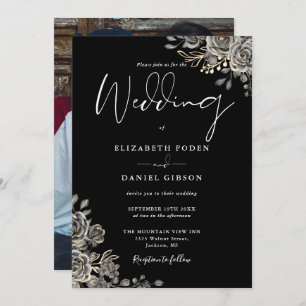 Black And White Gothic Roses Floral Photo Wedding Invitation