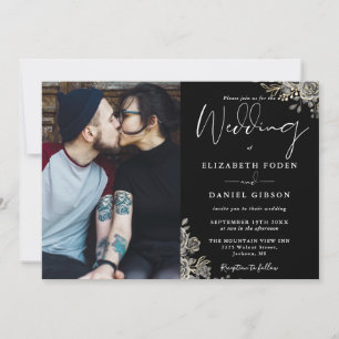Black And White Gothic Roses Floral Photo Wedding Invitation