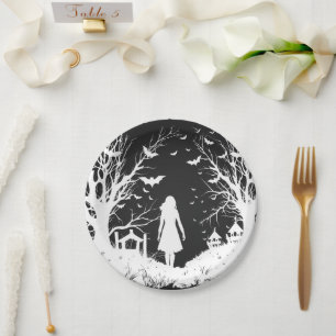 Black and White Gothic Scene Paper Plate