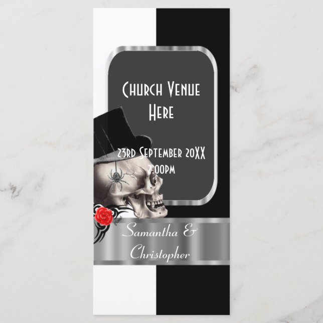 Black and white gothic skull wedding program (Front)