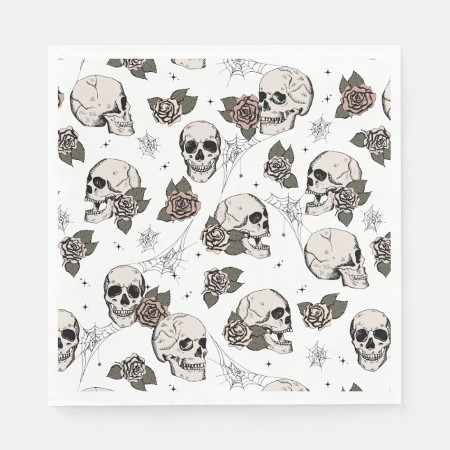Black and White Gothic Skulls and Roses Halloween Napkin (Front)