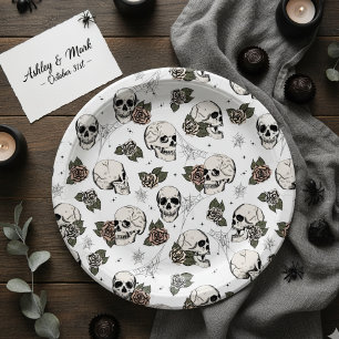 Black and White Gothic Skulls and Roses Halloween Paper Plate