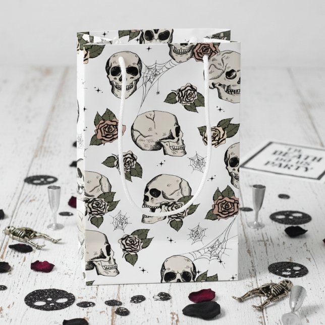 Black and White Gothic Skulls and Roses Halloween Small Gift Bag (Black and White Floral Skulls Hallowedding Gift Bags for Her. Spooky Gothic Halloween Skull Pattern)