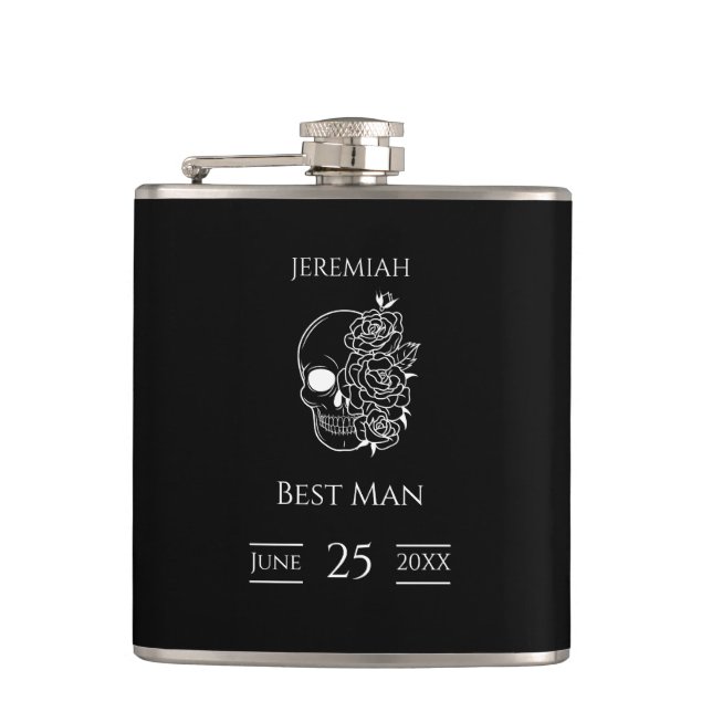Black and white Gothic Wedding Best Man Hip Flask (Front)